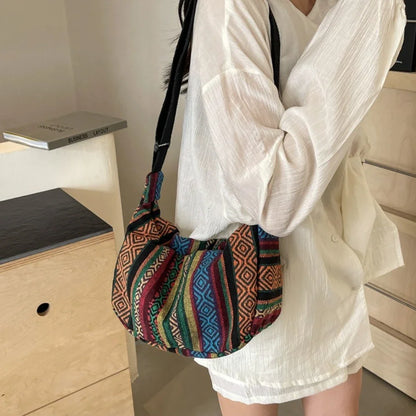 Tribal Style Shoulder Bag, Foldable Crossbody with Zipper Closure, Striped Pattern, Flag Theme Hand Washable Edge Painted Lining