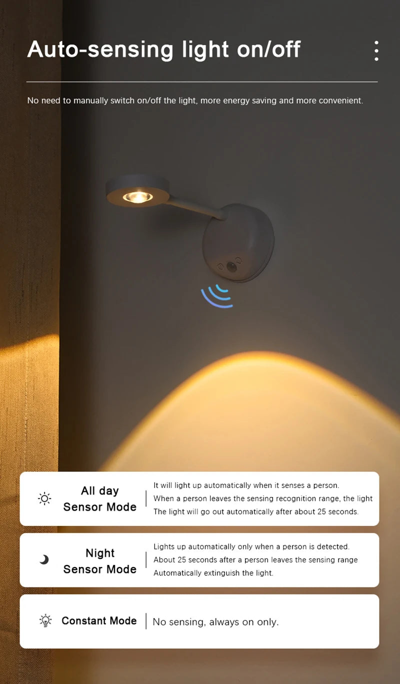 LED Wall Lamp USB Charging Wirelessly Dimmable Motion Sensor Living Room Bedroom Bedside Decoration Spotlights Night Wall Light