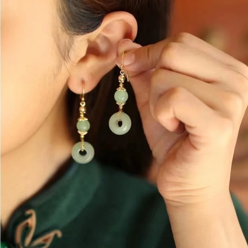 Ethnic Chinese Jade Loop Earrings for Women Traditional Luxury Wedding Jewelry Retro Palace Style Ornament Ear Clip Earring Gift