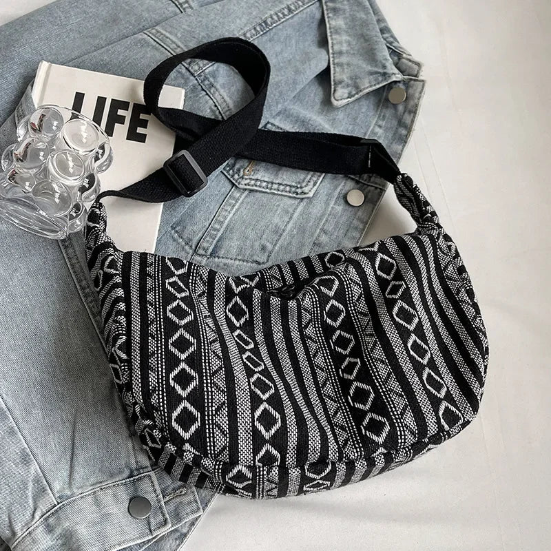 Tribal Style Shoulder Bag, Foldable Crossbody with Zipper Closure, Striped Pattern, Flag Theme Hand Washable Edge Painted Lining