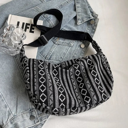Tribal Style Shoulder Bag, Foldable Crossbody with Zipper Closure, Striped Pattern, Flag Theme Hand Washable Edge Painted Lining