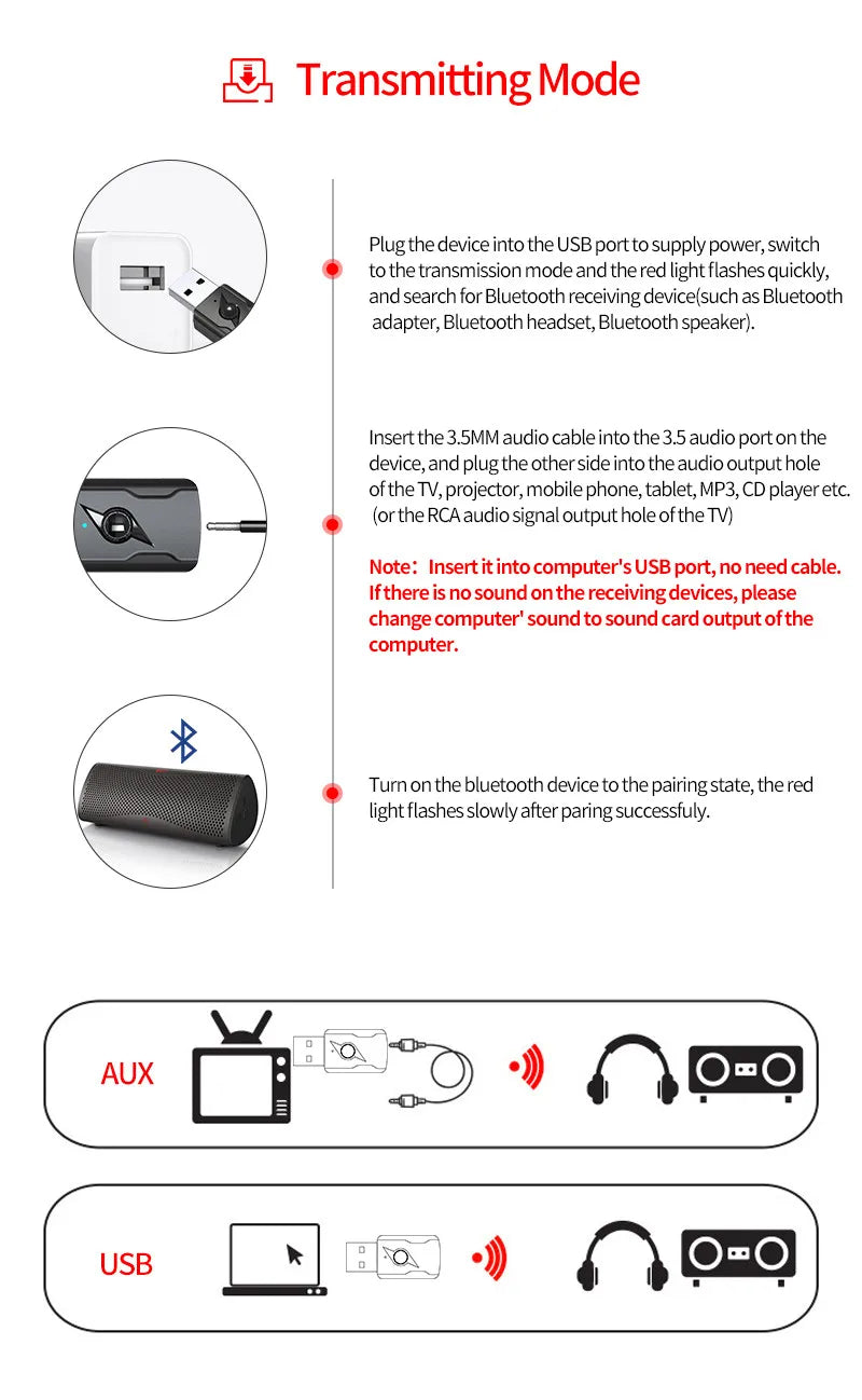 USB &amp; 3.5mm AUX Bluetooth 5.3 Dongle Audio Receiver Transmitter Music Adapter For PC Mp3 Speaker TV Wireless Earphone Car Radio