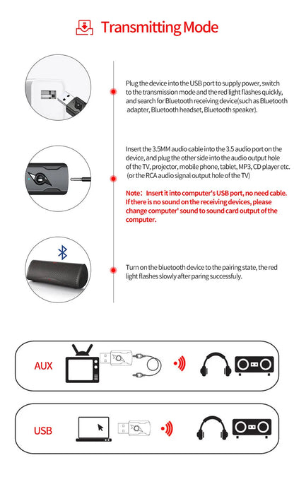 USB &amp; 3.5mm AUX Bluetooth 5.3 Dongle Audio Receiver Transmitter Music Adapter For PC Mp3 Speaker TV Wireless Earphone Car Radio