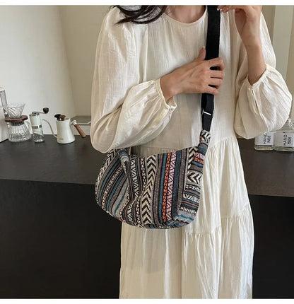 Tribal Style Shoulder Bag, Foldable Crossbody with Zipper Closure, Striped Pattern, Flag Theme Hand Washable Edge Painted Lining
