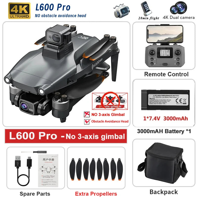 L600 PRO / PRO MAX Drone 4K Profesional Dual Camera 3-axis Gimbal Brushless Obstacle Avoidance WiFi FPV Dron RC Quadcopter Toys