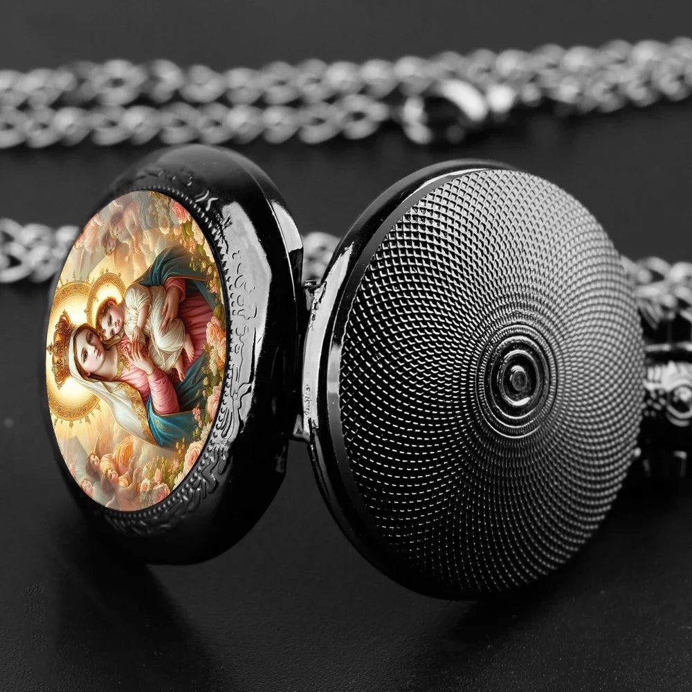 Virgin Mary and Baby Jesus Christian Catholicism Pocket Watch with Chain Necklace Vintage Quartz Pendant Watches Mens Women Gift