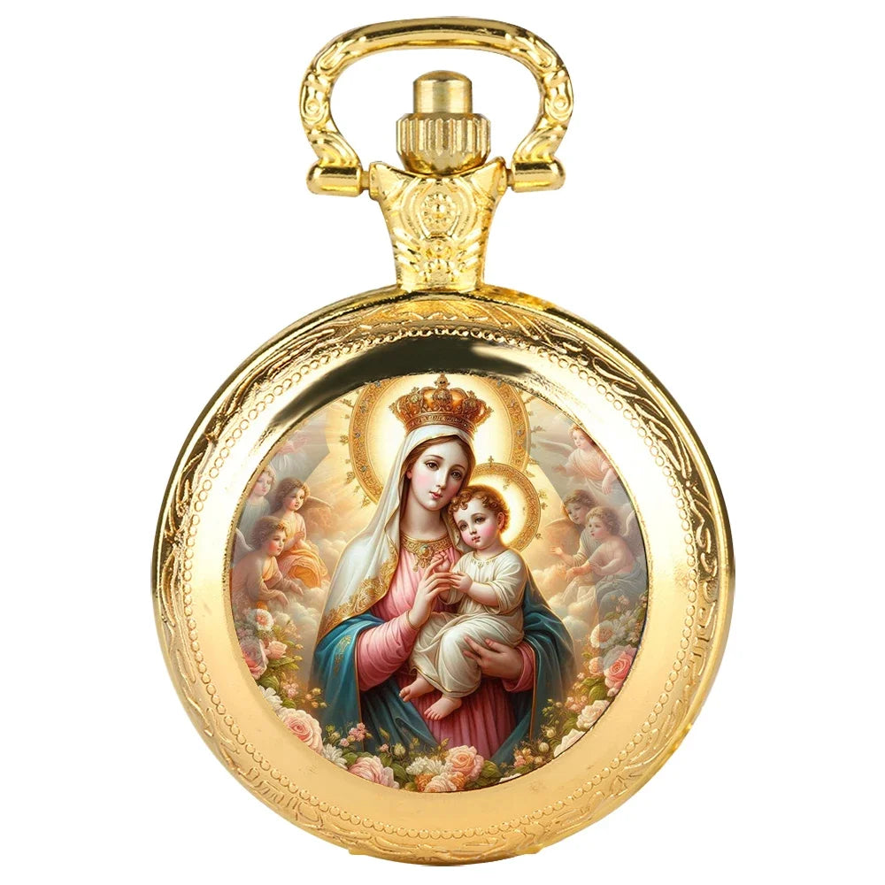 Virgin Mary and Baby Jesus Christian Catholicism Pocket Watch with Chain Necklace Vintage Quartz Pendant Watches Mens Women Gift
