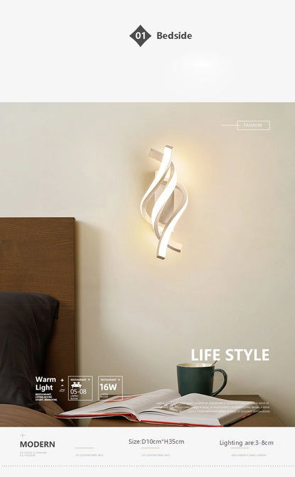 Modern LED Wall Lamp Curved Spiral 2 Pieces Lamps Bedroom Bedside Corridor Living Room Staircase Corridor Home Decor Led Lights