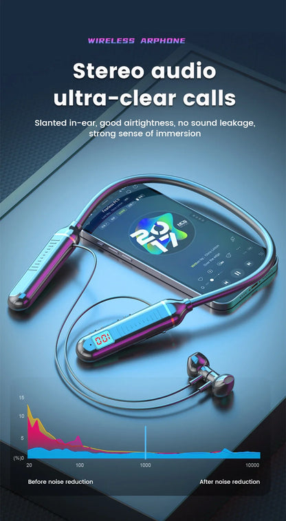 Wireless Earphones 5.3 Neckband Headphones Gaming LED Display Stereo Sports Headset Halter Waterproof Magnetic Earbuds
