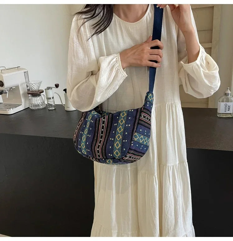 Tribal Style Shoulder Bag, Foldable Crossbody with Zipper Closure, Striped Pattern, Flag Theme Hand Washable Edge Painted Lining