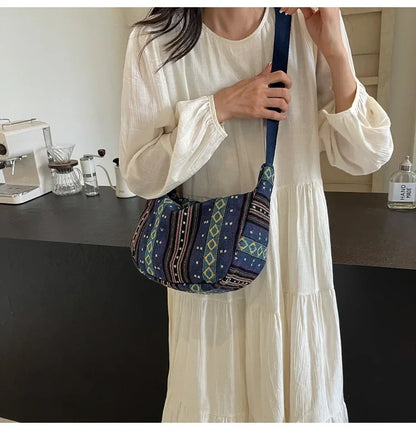 Tribal Style Shoulder Bag, Foldable Crossbody with Zipper Closure, Striped Pattern, Flag Theme Hand Washable Edge Painted Lining