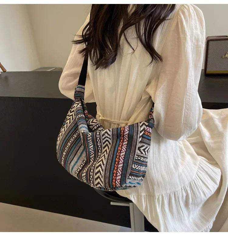 Tribal Style Shoulder Bag, Foldable Crossbody with Zipper Closure, Striped Pattern, Flag Theme Hand Washable Edge Painted Lining