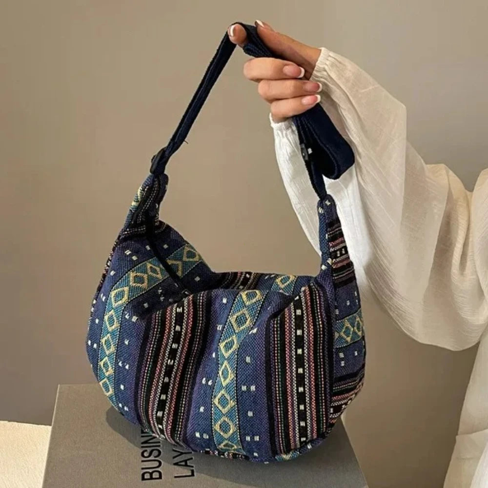 Tribal Style Shoulder Bag, Foldable Crossbody with Zipper Closure, Striped Pattern, Flag Theme Hand Washable Edge Painted Lining