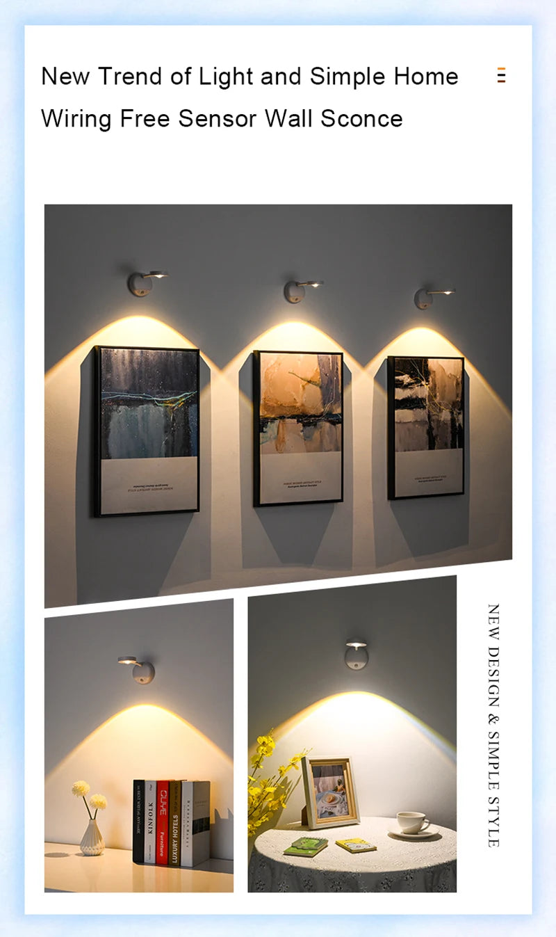 LED Wall Lamp USB Charging Wirelessly Dimmable Motion Sensor Living Room Bedroom Bedside Decoration Spotlights Night Wall Light