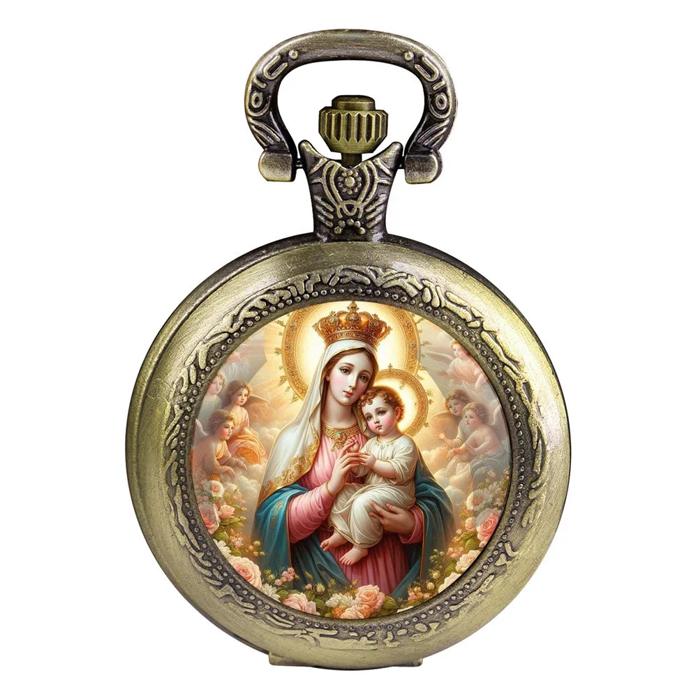 Virgin Mary and Baby Jesus Christian Catholicism Pocket Watch with Chain Necklace Vintage Quartz Pendant Watches Mens Women Gift