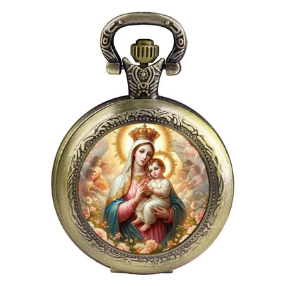 Virgin Mary and Baby Jesus Christian Catholicism Pocket Watch with Chain Necklace Vintage Quartz Pendant Watches Mens Women Gift