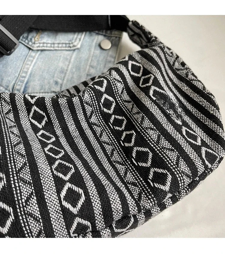Tribal Style Shoulder Bag, Foldable Crossbody with Zipper Closure, Striped Pattern, Flag Theme Hand Washable Edge Painted Lining