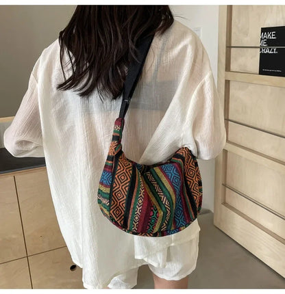 Tribal Style Shoulder Bag, Foldable Crossbody with Zipper Closure, Striped Pattern, Flag Theme Hand Washable Edge Painted Lining