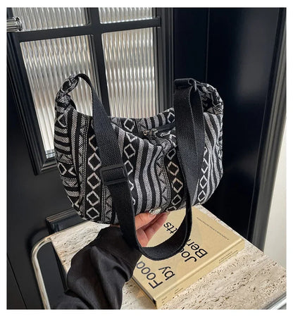 Tribal Style Shoulder Bag, Foldable Crossbody with Zipper Closure, Striped Pattern, Flag Theme Hand Washable Edge Painted Lining