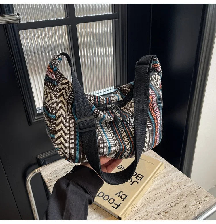 Tribal Style Shoulder Bag, Foldable Crossbody with Zipper Closure, Striped Pattern, Flag Theme Hand Washable Edge Painted Lining