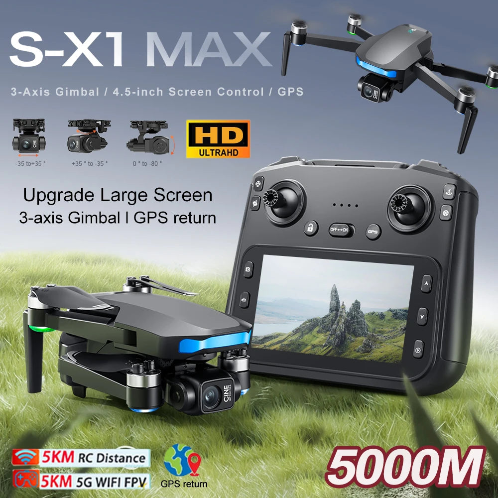 S-X1 MAX 4K Professional Drone With HD Camera 3-Axis Gimbal GPS Dron Brushless 5G WIFI Screen Remote Control RC Quadcopter Toys