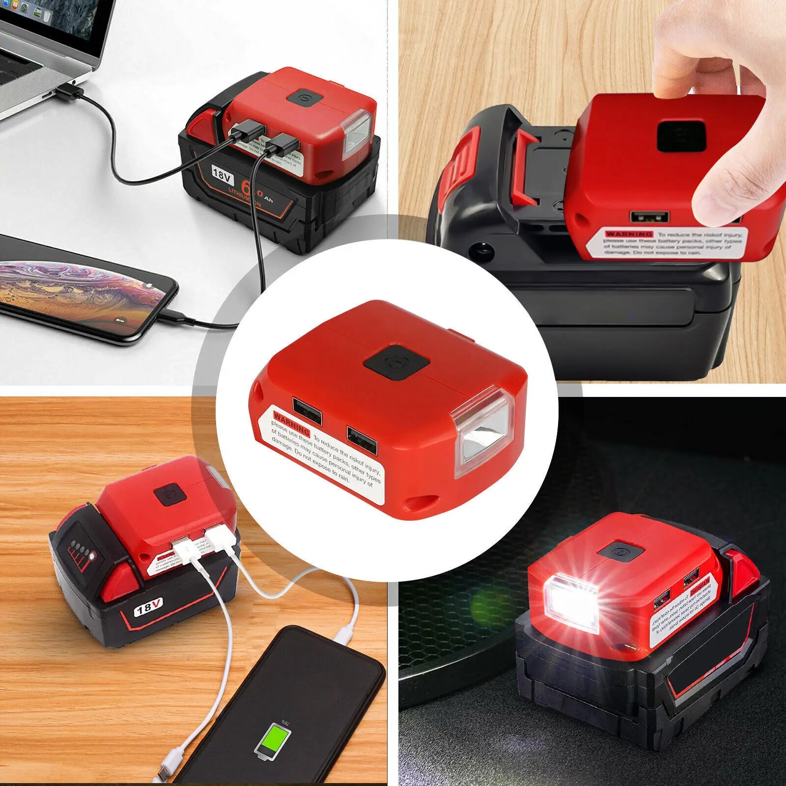 Adapter LED Light Working Lamp Flashlight Torch USB Mobile Phone Charger DC 12V Output For Milwaukee 18V Li-ion Battery M18