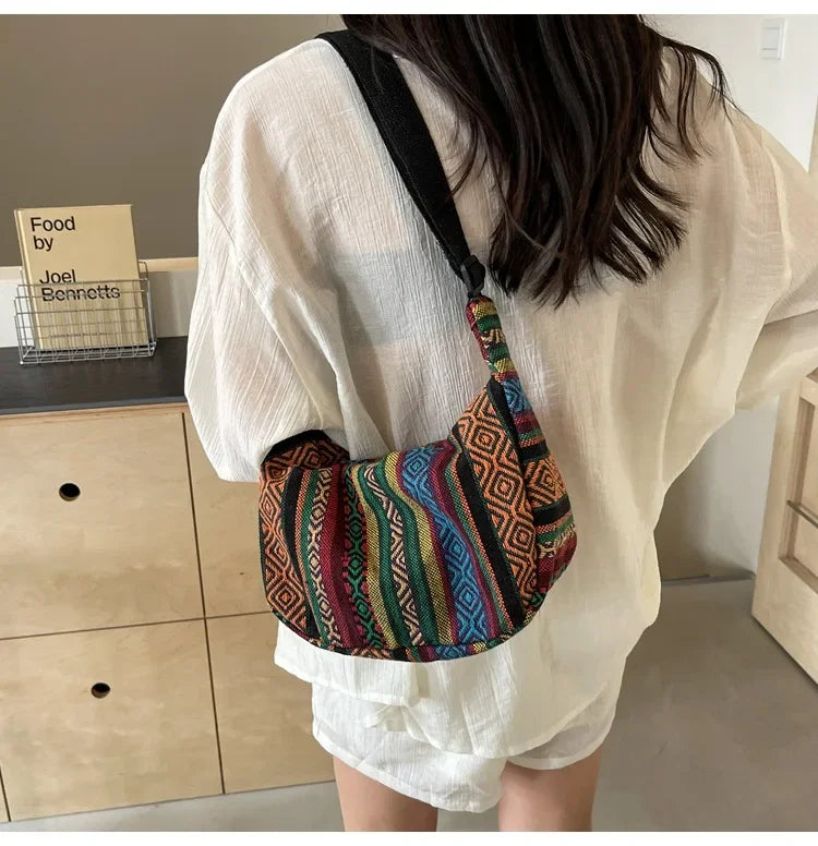 Tribal Style Shoulder Bag, Foldable Crossbody with Zipper Closure, Striped Pattern, Flag Theme Hand Washable Edge Painted Lining