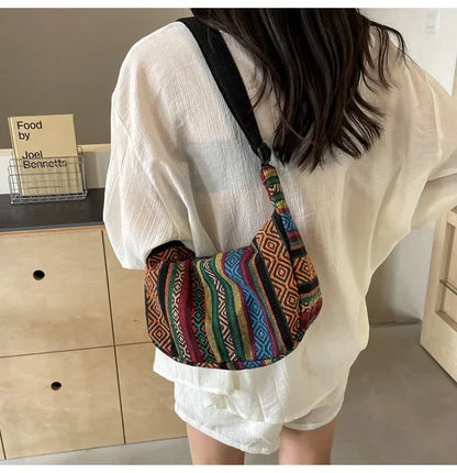 Tribal Style Shoulder Bag, Foldable Crossbody with Zipper Closure, Striped Pattern, Flag Theme Hand Washable Edge Painted Lining