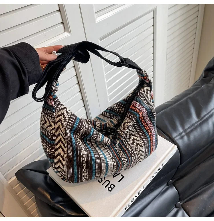 Tribal Style Shoulder Bag, Foldable Crossbody with Zipper Closure, Striped Pattern, Flag Theme Hand Washable Edge Painted Lining