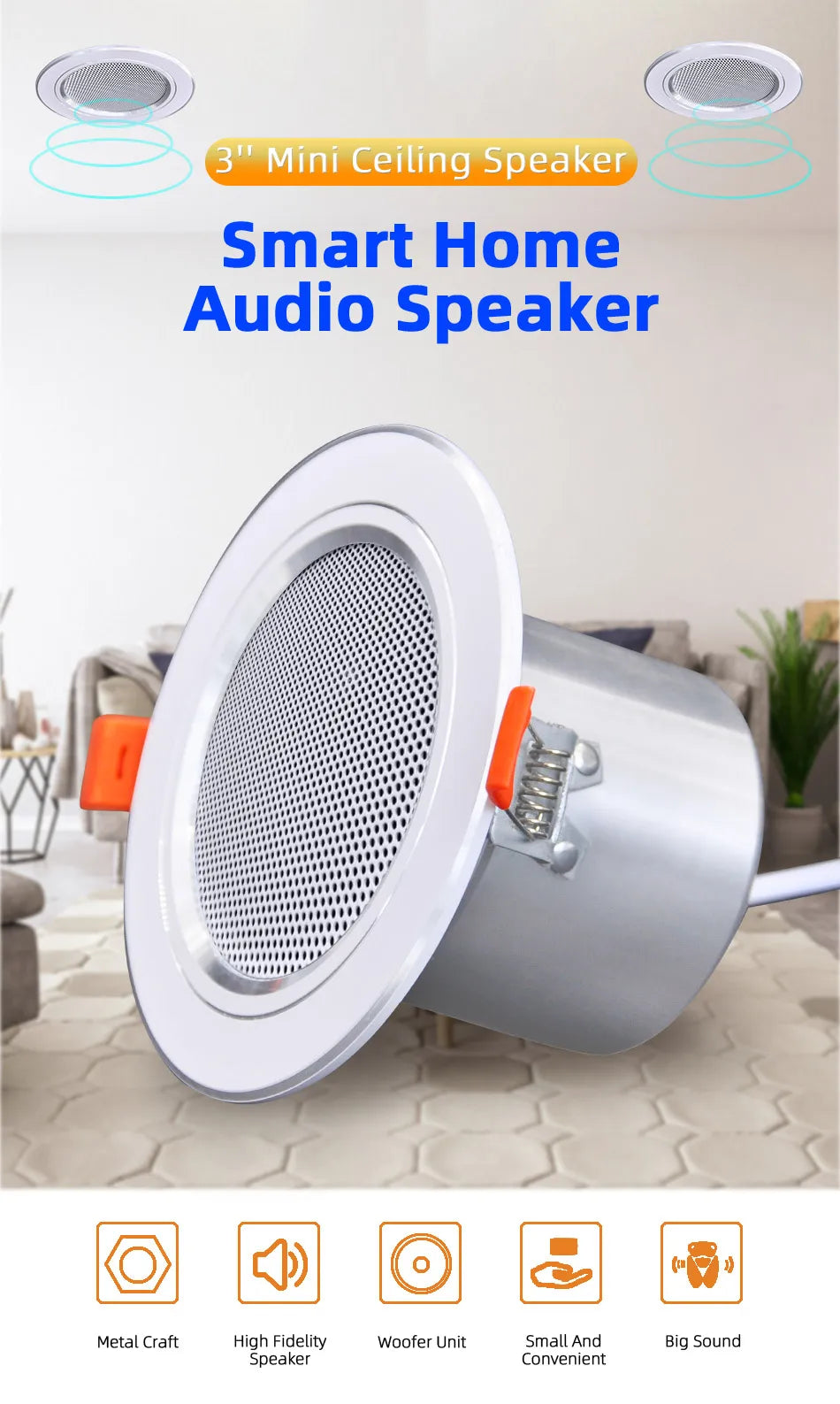 Mini Ceiling Speaker 12W HiFi Stereo Loudspeaker Home Theater Sound System Public Address Background Audio Bathroom Restaurant