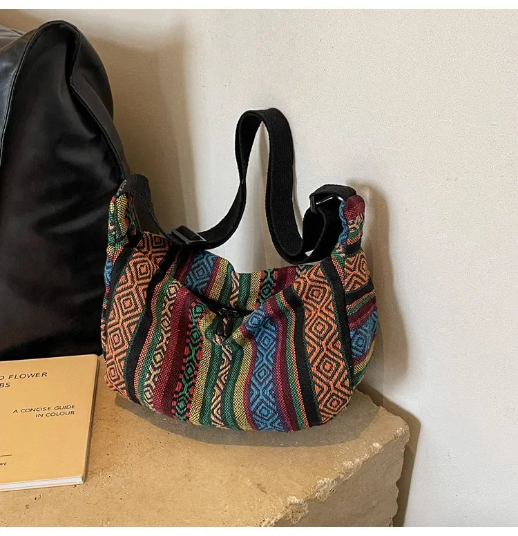 Tribal Style Shoulder Bag, Foldable Crossbody with Zipper Closure, Striped Pattern, Flag Theme Hand Washable Edge Painted Lining