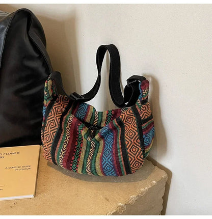 Tribal Style Shoulder Bag, Foldable Crossbody with Zipper Closure, Striped Pattern, Flag Theme Hand Washable Edge Painted Lining