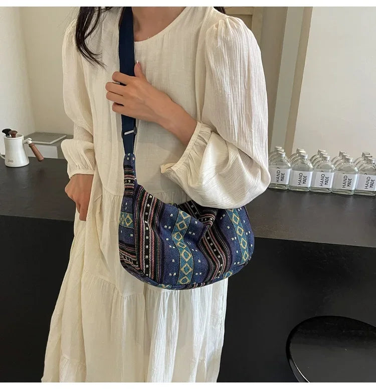 Tribal Style Shoulder Bag, Foldable Crossbody with Zipper Closure, Striped Pattern, Flag Theme Hand Washable Edge Painted Lining