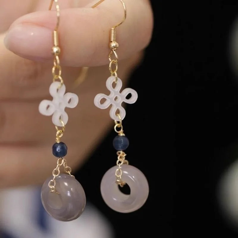 Ethnic Chinese Jade Loop Earrings for Women Traditional Luxury Wedding Jewelry Retro Palace Style Ornament Ear Clip Earring Gift