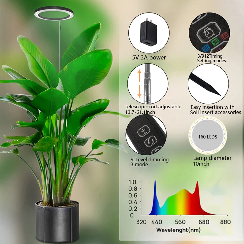 10" LED Ring Grow Lights for Indoor Plants Full Spectrum Large Plant Light for Indoor Plants Height Adjustable Growing Lamp