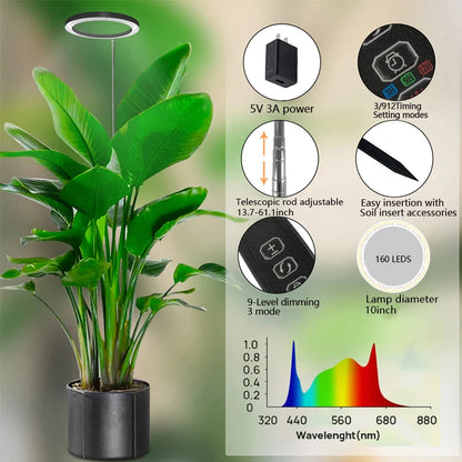 10" LED Ring Grow Lights for Indoor Plants Full Spectrum Large Plant Light for Indoor Plants Height Adjustable Growing Lamp