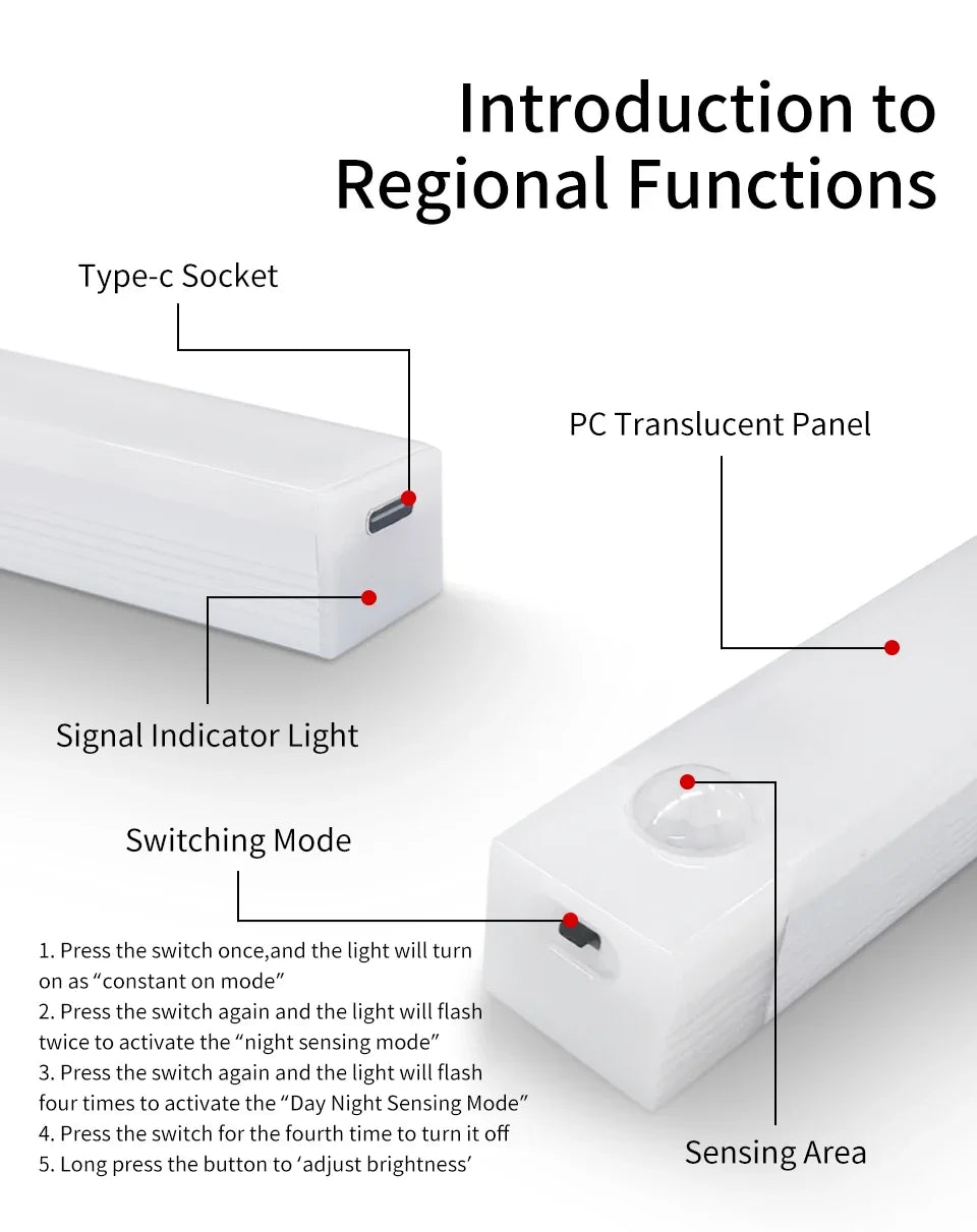 Motion Sensor Light Wireless Rechargeable LED Night Light Wardrobe Closet Cabinet Lamp Staircase Kitchen Backlight 10/20/30/50cm