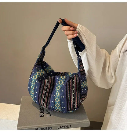 Tribal Style Shoulder Bag, Foldable Crossbody with Zipper Closure, Striped Pattern, Flag Theme Hand Washable Edge Painted Lining