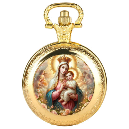 Virgin Mary and Baby Jesus Christian Catholicism Pocket Watch with Chain Necklace Vintage Quartz Pendant Watches Mens Women Gift