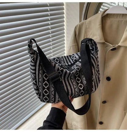 Tribal Style Shoulder Bag, Foldable Crossbody with Zipper Closure, Striped Pattern, Flag Theme Hand Washable Edge Painted Lining
