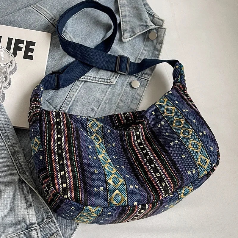 Tribal Style Shoulder Bag, Foldable Crossbody with Zipper Closure, Striped Pattern, Flag Theme Hand Washable Edge Painted Lining