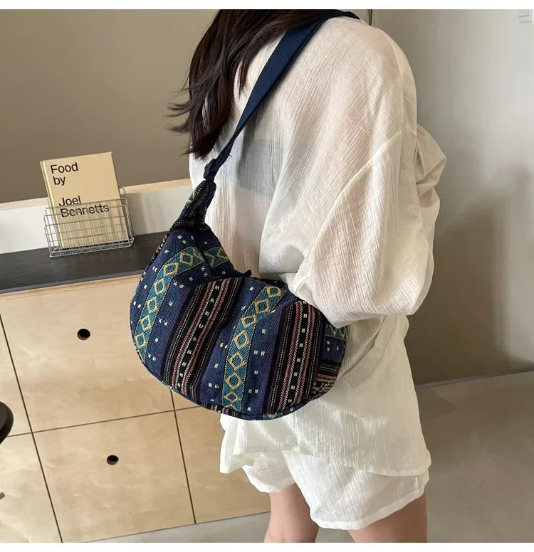 Tribal Style Shoulder Bag, Foldable Crossbody with Zipper Closure, Striped Pattern, Flag Theme Hand Washable Edge Painted Lining