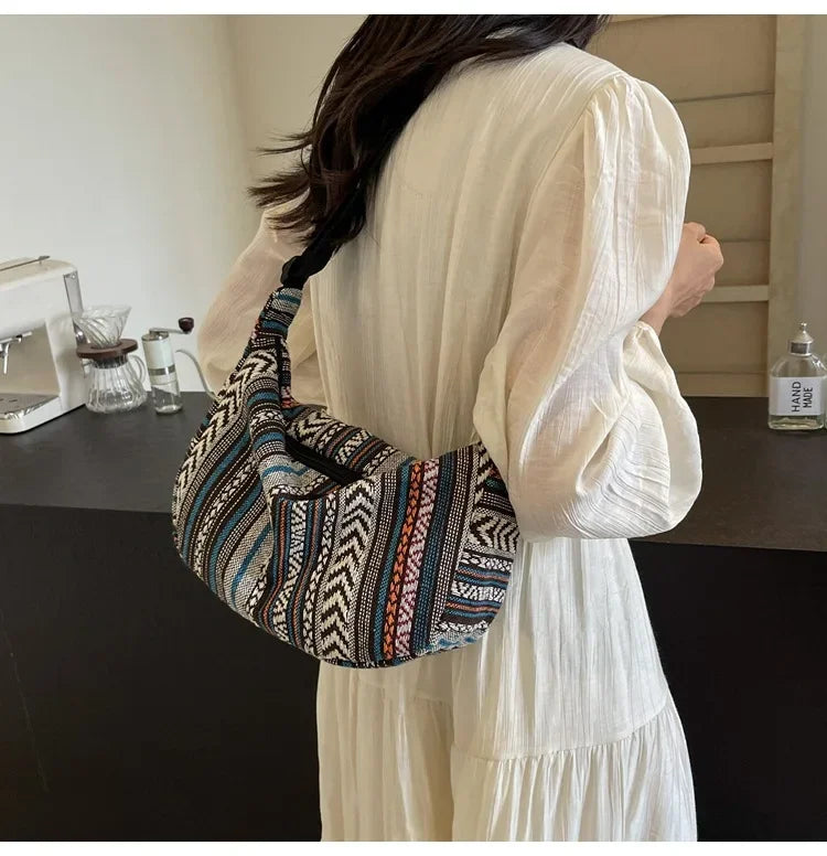 Tribal Style Shoulder Bag, Foldable Crossbody with Zipper Closure, Striped Pattern, Flag Theme Hand Washable Edge Painted Lining