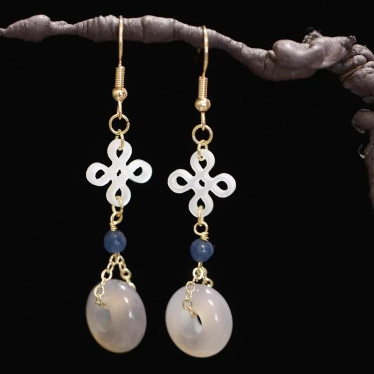 Ethnic Chinese Jade Loop Earrings for Women Traditional Luxury Wedding Jewelry Retro Palace Style Ornament Ear Clip Earring Gift