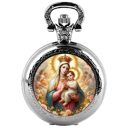 Virgin Mary and Baby Jesus Christian Catholicism Pocket Watch with Chain Necklace Vintage Quartz Pendant Watches Mens Women Gift