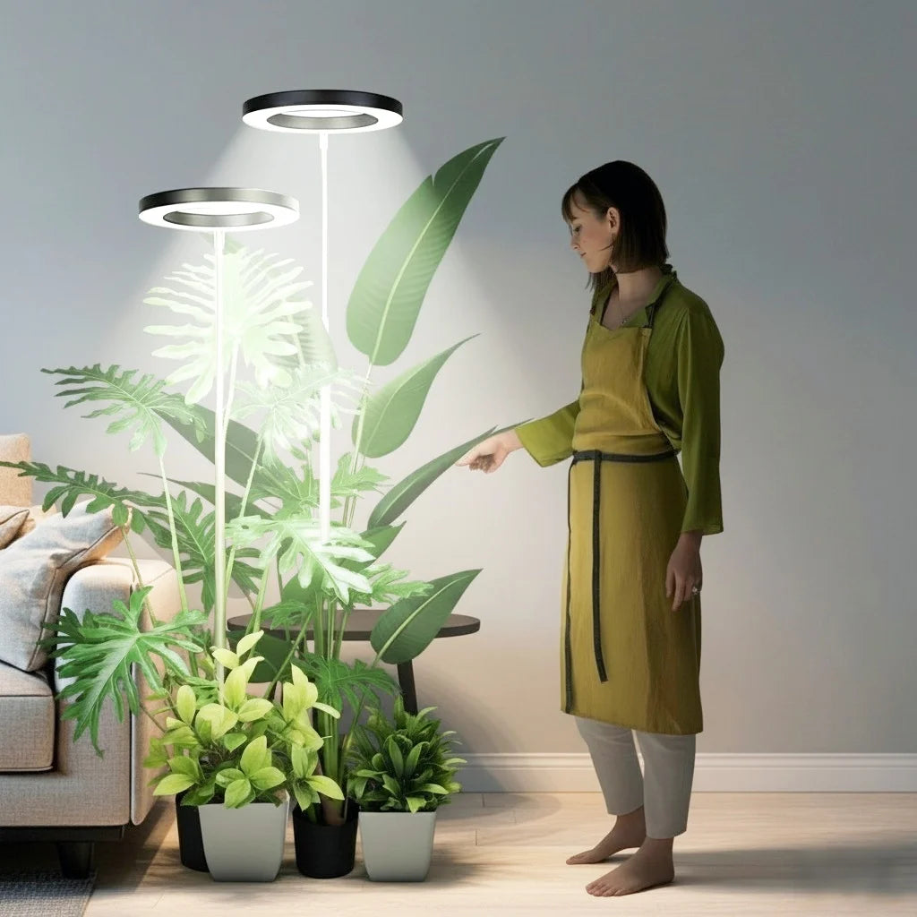 Full Spectrum LED Ring Grow Light with Warm White &amp; Red Light, Adjustable Height &amp;with Auto On Timer for Monstera &amp; Philodendron