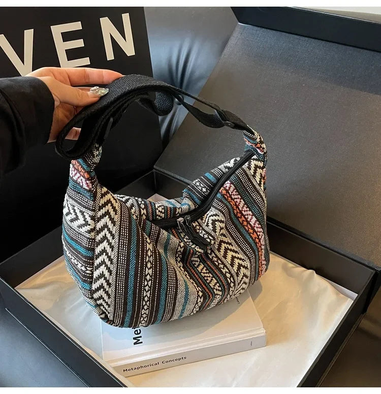 Tribal Style Shoulder Bag, Foldable Crossbody with Zipper Closure, Striped Pattern, Flag Theme Hand Washable Edge Painted Lining