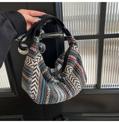 Tribal Style Shoulder Bag, Foldable Crossbody with Zipper Closure, Striped Pattern, Flag Theme Hand Washable Edge Painted Lining