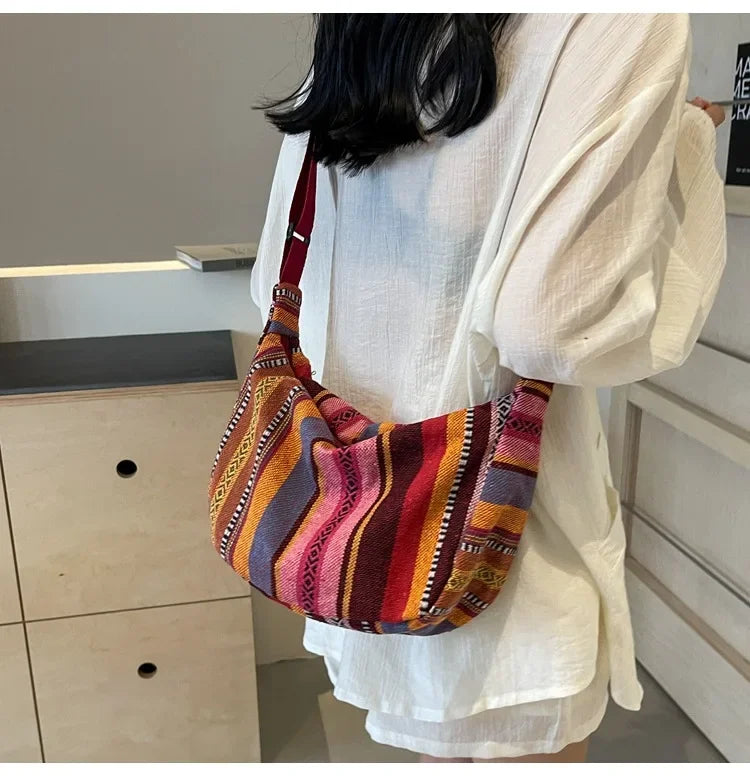 Tribal Style Shoulder Bag, Foldable Crossbody with Zipper Closure, Striped Pattern, Flag Theme Hand Washable Edge Painted Lining