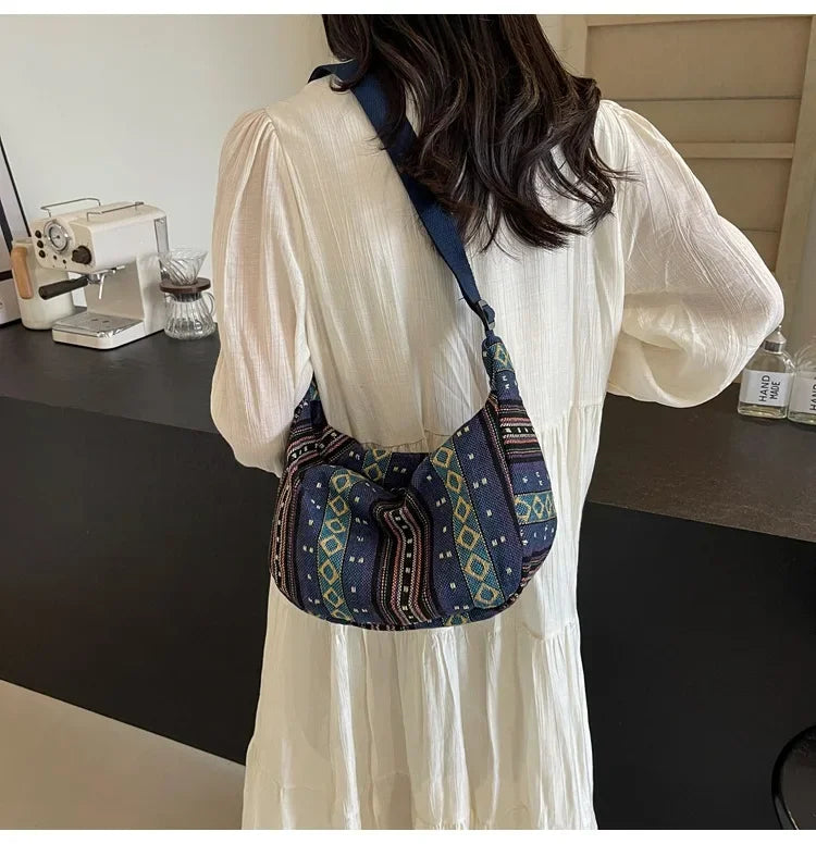 Tribal Style Shoulder Bag, Foldable Crossbody with Zipper Closure, Striped Pattern, Flag Theme Hand Washable Edge Painted Lining
